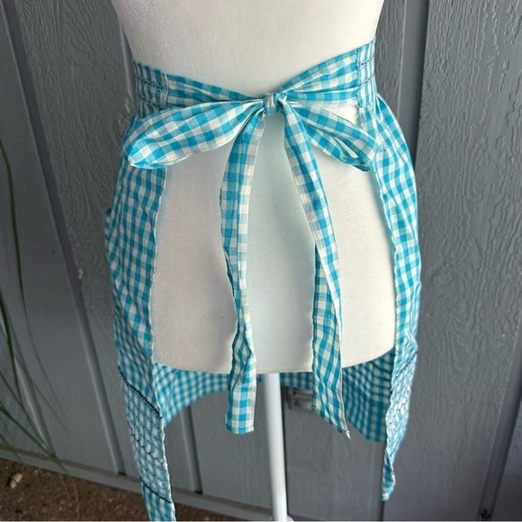 Vintage Gingham Blue White Half Apron Retro 50s Embroidery Border 2 Pockets - Picture 3 of 10